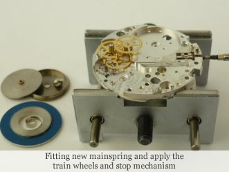 <p> Fitting new mainspring and apply the train wheels and stop mechanism</p>